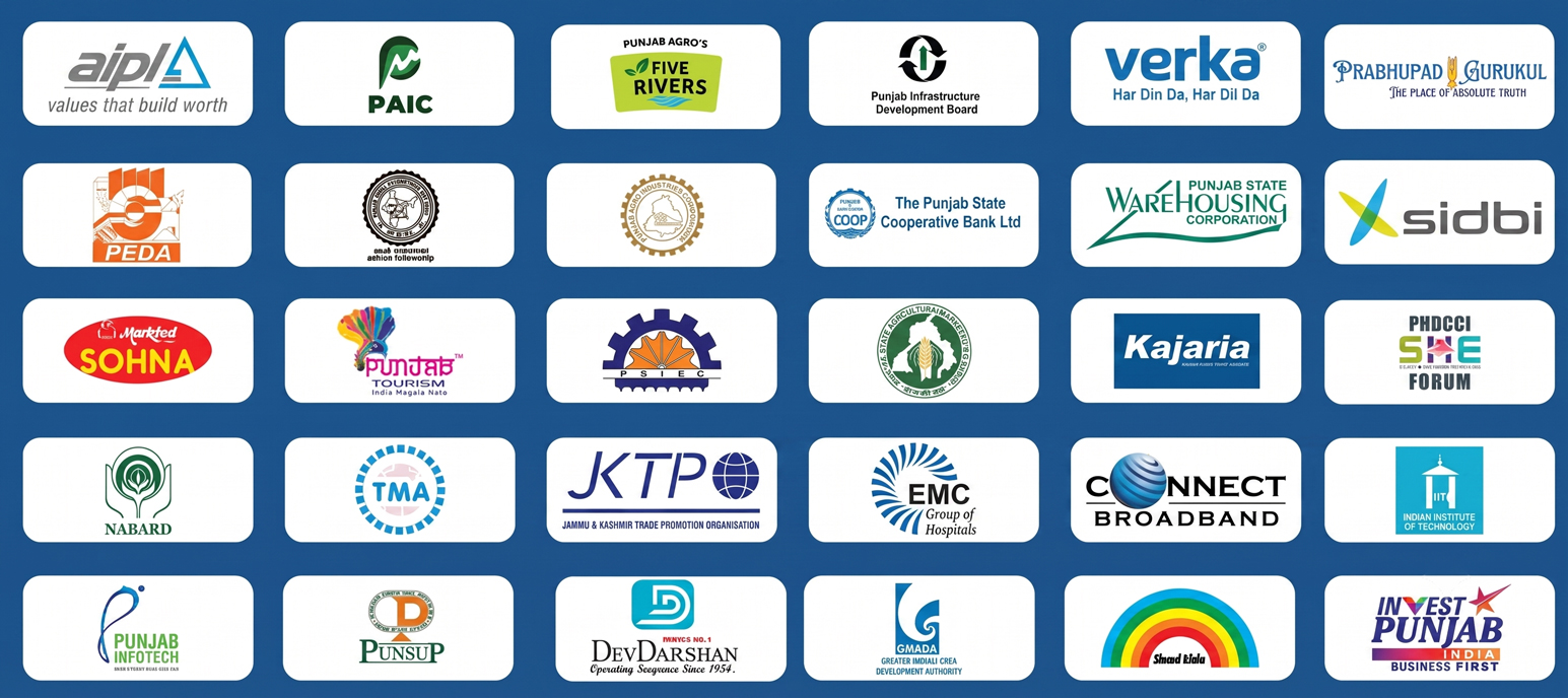 Logos of PITEX previous editions partners including AIPL, PAIC, Five Rivers, Punjab Infrastructure Development Board, Verka, PEDA, SIDBI, NABARD and more
